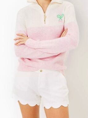 Lilly Pulitzer Buttercup White Seersucker Scallop-Hem Shorts Size 8 Womens EUC